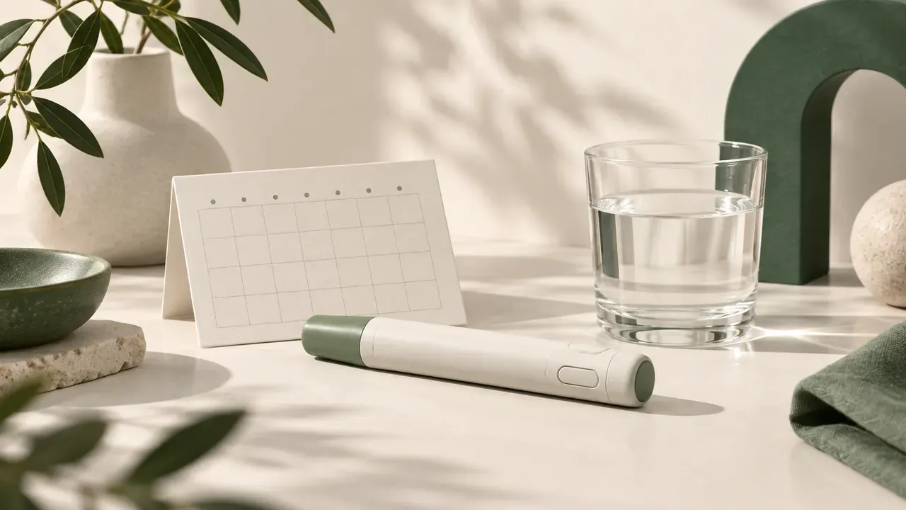 GLP-1 tracking still life with unlabelled supplies and a quiet green and bone palette