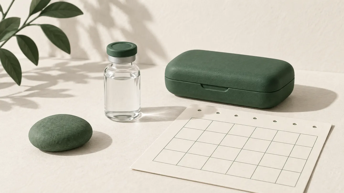 Editorial still life of a vial, medication case, and blank calendar.