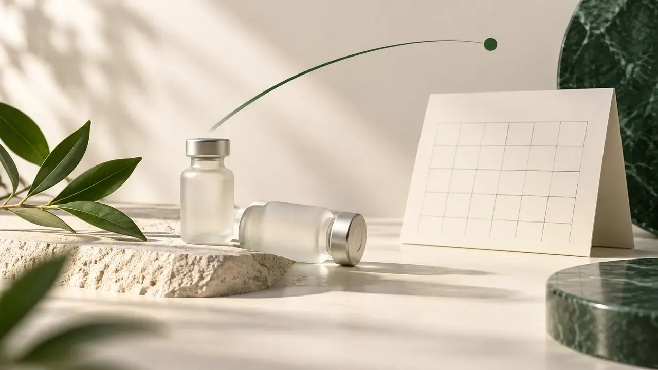 Peptide tracking still life with unlabelled supplies and a quiet green and bone palette