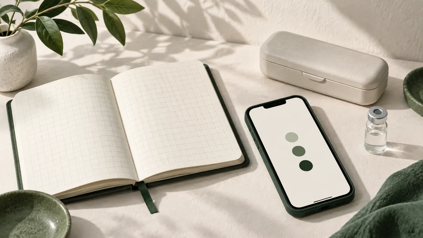 Conceptual still life of a journal, phone, and vial; not an app screenshot.